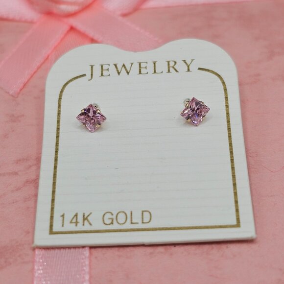 14 KT Gold Light Pink Square CZ 3mm Screw Earrings